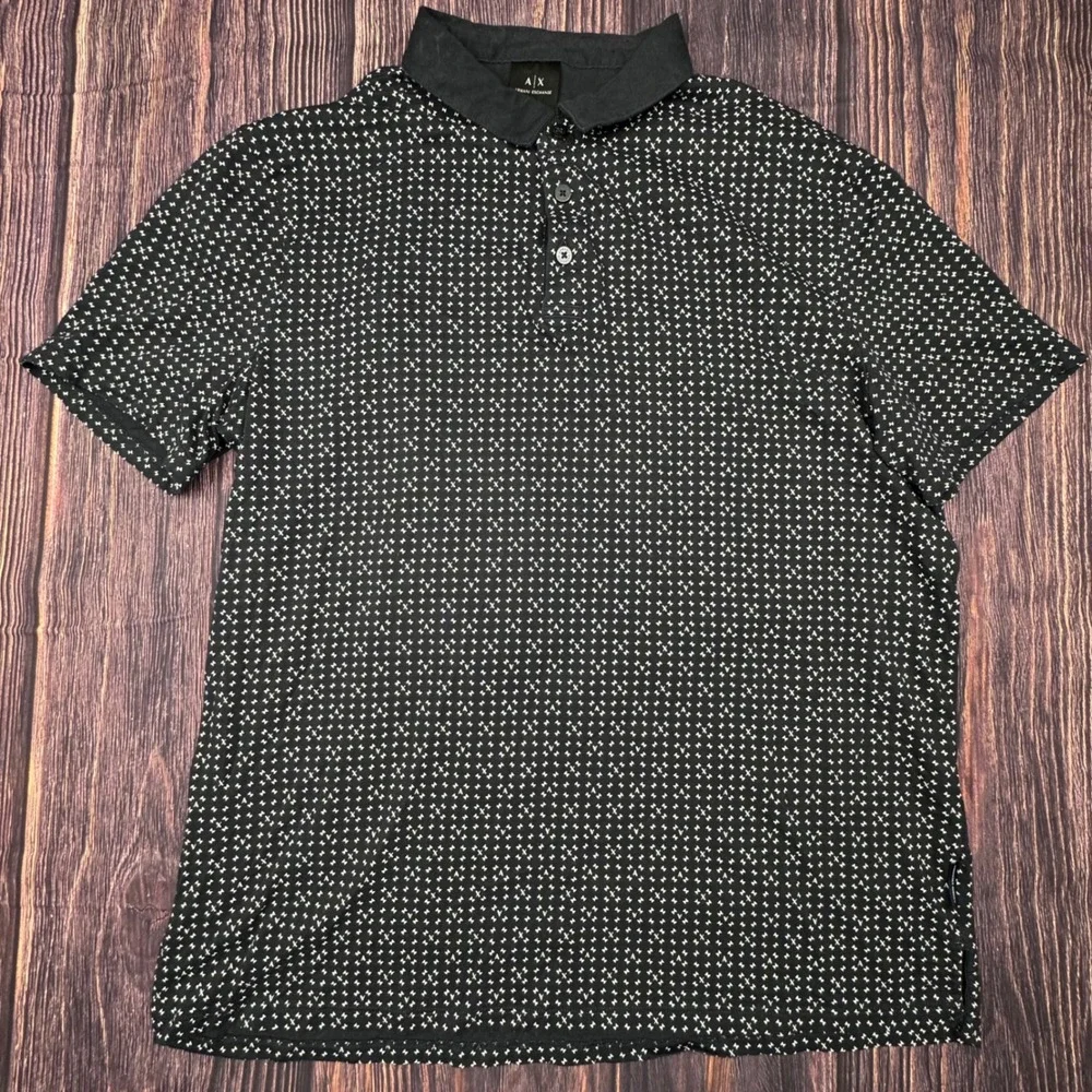 Armani Exchange Polo Shirt XL Cotton Geometric Designer Black Short Sleeve Top